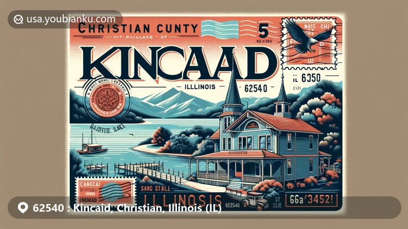 Vintage-style postcard illustration of Kincaid, Illinois, in Christian County, showcasing postal theme with ZIP code 62540, featuring Sangchris Lake and postal symbols.