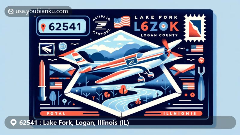 Colorful illustration of Lake Fork, Logan County, Illinois, capturing postal communication theme with ZIP code 62541 and stream imagery, incorporating Illinois state flag and Logan County outline.