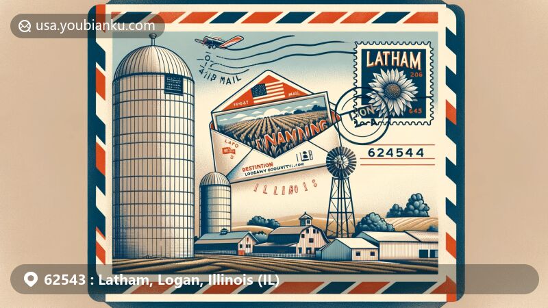 Modern illustration of Latham, Illinois, highlighting postal theme with ZIP code 62543, showcasing farmlands and vintage air mail envelope featuring Korn Krib restaurant silo.