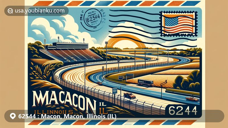 Modern illustration of Macon Speedway, Macon, Illinois, highlighting auto racing heritage with high-banked dirt oval track and U.S. Highway 51, against backdrop of Illinois's agricultural landscape.