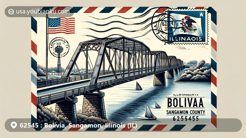 Modern illustration of Bolivia Road Bridge in Sangamon County, Illinois, featuring airmail envelope theme with ZIP code 62545 and Illinois state flag.