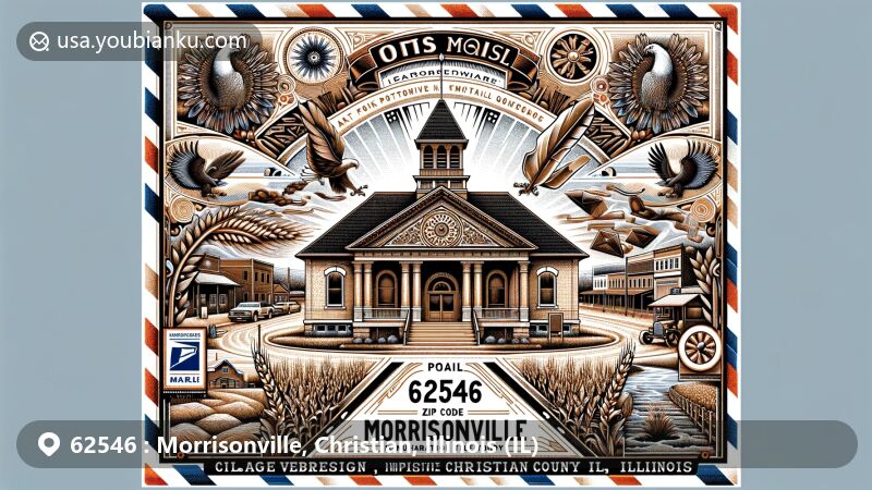 Modern illustration of Morrisonville, Christian County, Illinois, reminiscent of an air mail envelope, featuring historic Village Hall, Native American tribe symbols, and agricultural motifs.