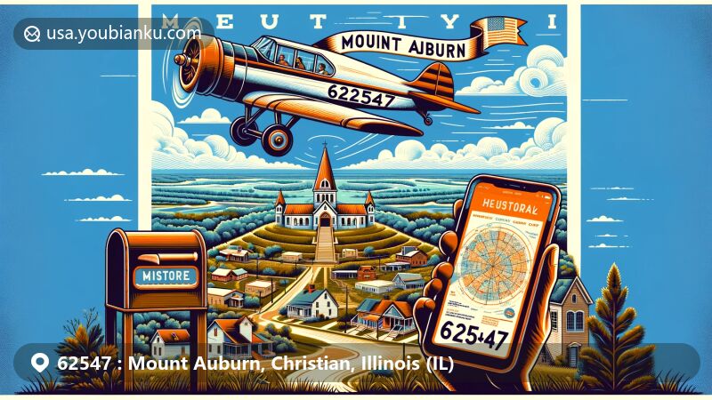 Modern illustration of Mount Auburn, Illinois, showcasing vintage postcard theme with ZIP code 62547, featuring historical landmarks, including First United Methodist Church and early commerce square, blending history with modern elements like a mailbox and smartphone.