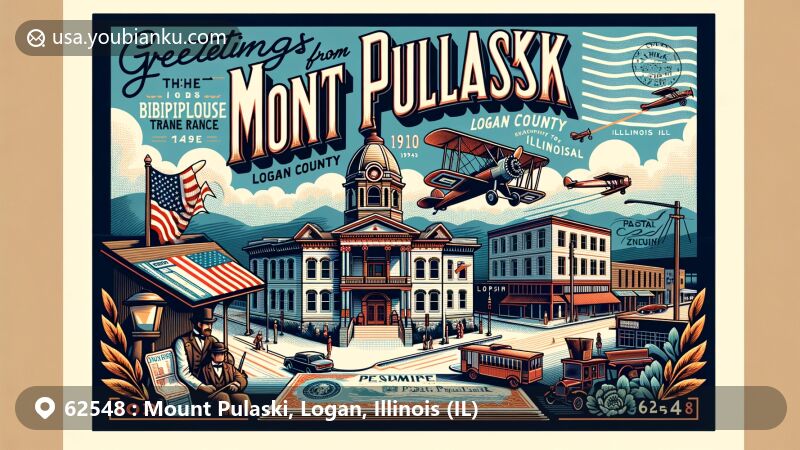 Modern illustration of Mount Pulaski, Logan County, Illinois, featuring ZIP code 62548, showcasing Mount Pulaski Courthouse State Historic Site and historic murals of Wright Brothers Biplane-Train Race and Abraham Lincoln on The Pulaski House.