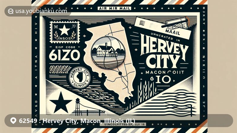 Modern illustration of Hervey City, Macon, Illinois, featuring vintage air mail envelope with ZIP code 62549, showcasing geographical layout, including Illinois Route 121 and rural elements.