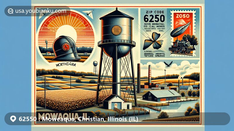Modern illustration of Moweaqua, Christian County, Illinois, showcasing postal theme with ZIP code 62550, featuring Moweaqua water tower, farmlands, coal mine helmet, parks, and golf course.