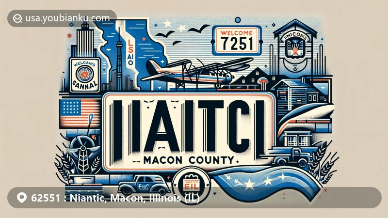 Modern illustration of Niantic, Macon County, Illinois, highlighting postal theme with ZIP code 62551, featuring Macon County outline, Niantic welcome sign, Illinois state flag, Sangamon River, air mail elements, postmark, and vintage postal truck.