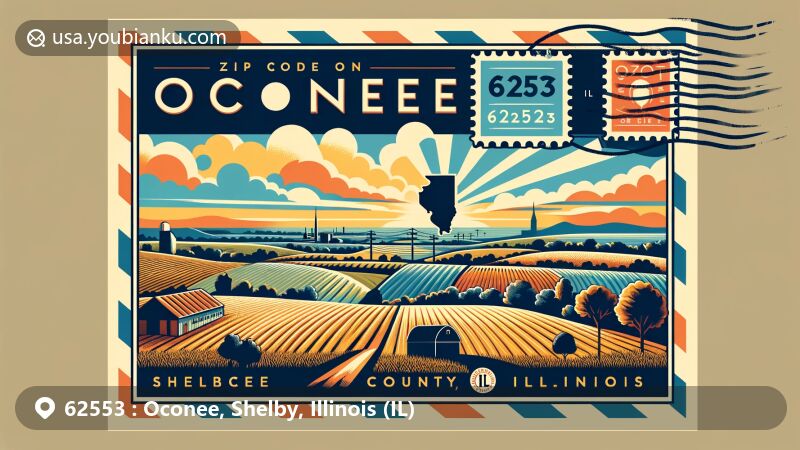 Modern illustration of Oconee, Shelby County, Illinois, highlighting rural charm and agricultural heritage with iconic imagery like fields, barn, and open sky, complemented by postal elements such as vintage stamp with ZIP code 62553.