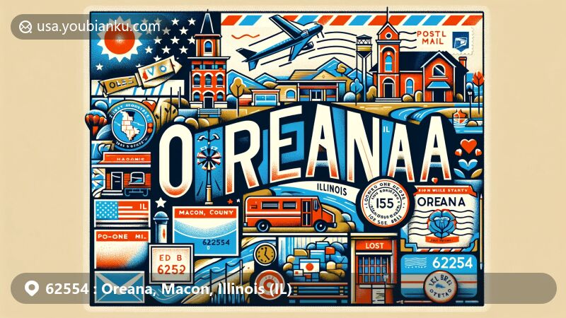 Modern illustration of Oreana, Macon County, Illinois, blending postal elements with village essence and community spirit, featuring vintage air mail envelope, ZIP code 62554, and Illinois map outline.