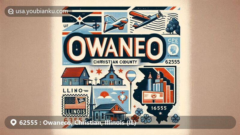 Modern illustration of Owaneco, Christian County, Illinois, with postal theme and ZIP Code 62555, featuring state symbols like Northern Cardinal and Violet, emphasizing village's connection to Illinois.