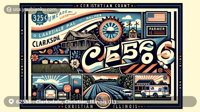 Modern illustration of Clarksdale and Palmer in Christian County, Illinois, highlighting postal theme with ZIP code 62556, featuring agricultural elements and iconic state symbols.