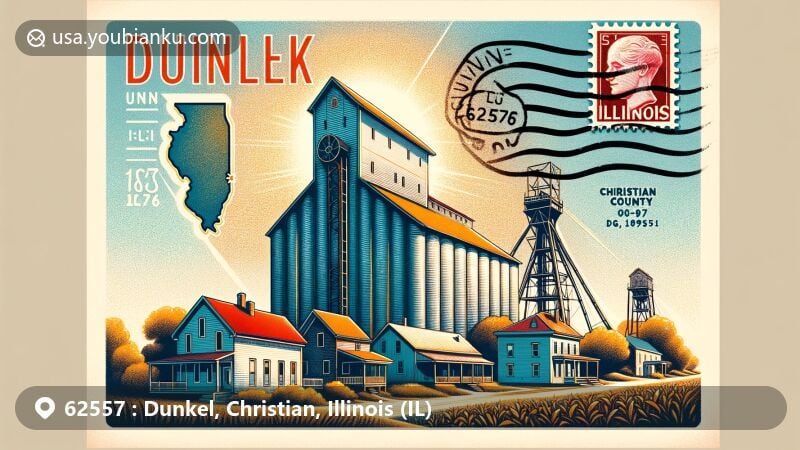 Modern illustration of Dunkel, Christian County, Illinois, showcasing postal theme with ZIP code 62557, featuring grain elevator, houses, and Illinois state flag in vibrant detail.