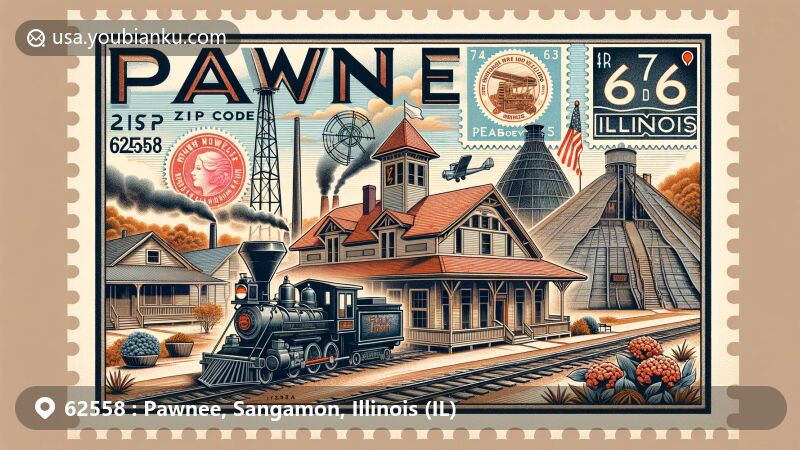 Modern illustration of Pawnee, Illinois, showcasing rich history and cultural significance, with Peabody #10 coal mine and Pawnee Public Library. Vintage air mail envelope design features stamps of key local landmarks and state symbols.