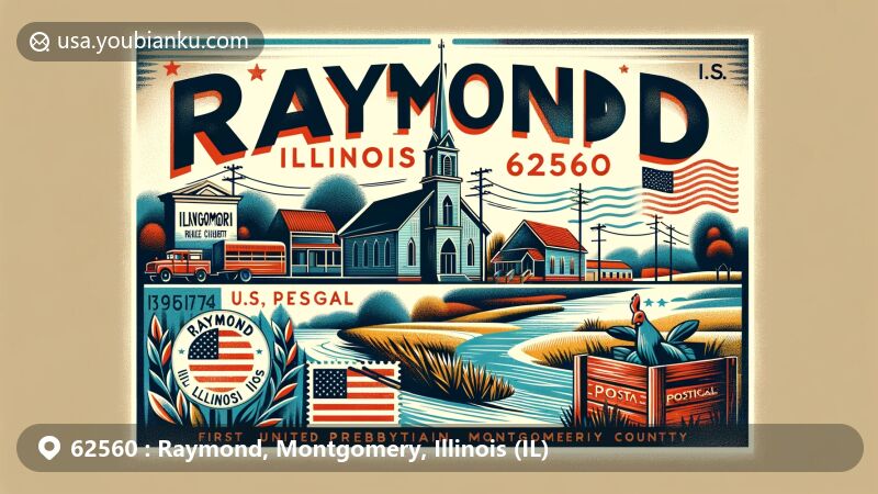 Contemporary illustration of Raymond, Illinois, ZIP code 62560, in Montgomery County, showcasing geographical location, First United Presbyterian Church, West Fork of Shoal Creek, and vintage postal elements like Illinois state flag stamp and postmark.