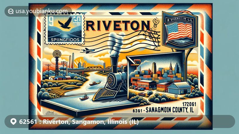 Modern illustration of Riverton, Illinois, depicting the unique charm of the area with a vintage airmail envelope as foreground, showcasing a vibrant scene featuring Sangamon River, coal mining heritage, and elements of Italian-American influence. Background incorporates essence of Illinois with state flag and silhouette of Springfield skyline, symbolizing Riverton's connection to the region. Envelope includes a stamp representing ZIP code 62561 and a postmark for Riverton, IL. Artwork combines geographical, historical, and cultural elements in a creative and colorful manner, suitable for web use, emphasizing storytelling and eye-catching colors.