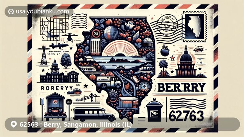 Modern illustration of Berry and Rochester, Sangamon County, Illinois, integrating postal elements with a silhouette map highlighting local landmarks like Illinois State Capitol, Rochester Community Park, and Lost Bridge Trail.