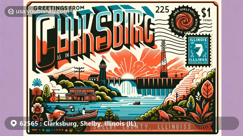 Modern illustration of Clarksburg, Shelby County, Illinois, featuring Lake Shelbyville, Shelbyville Dam, and Illinois state silhouette, with a postal theme including Kaskaskia River stamp and ZIP code 62565.