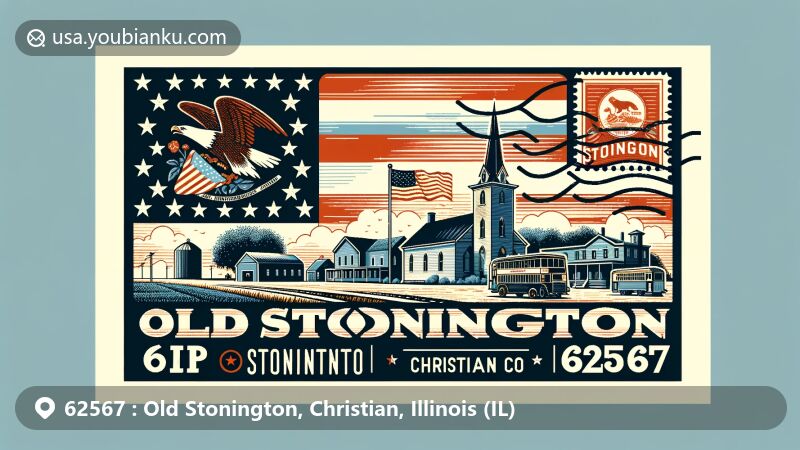 Modern illustration of Old Stonington and Stonington in Christian County, Illinois, featuring vintage postcard layout, Illinois state flag, Christian County silhouette, and iconic small-town Americana elements.