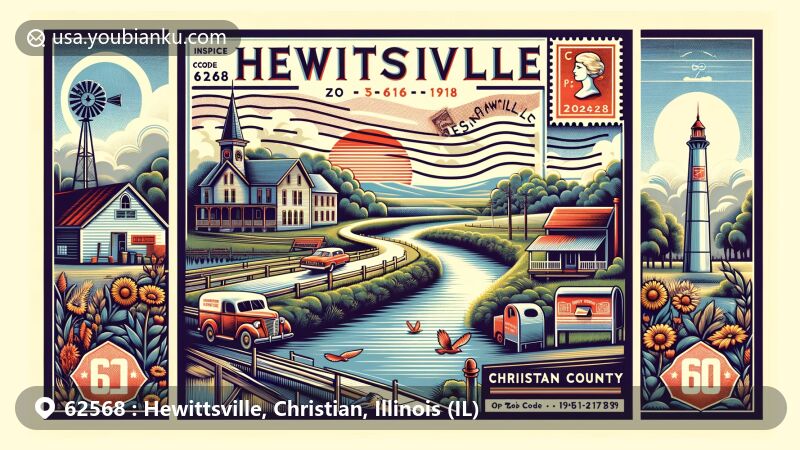 Modern illustration of Hewittsville, Christian County, Illinois, showcasing postal theme with ZIP code 62568, featuring Sangamon River, Christian County symbols, and postal elements like postcards, stamps, postmarks.