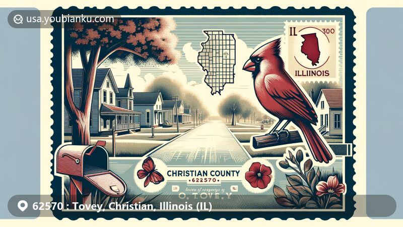 Modern illustration of Tovey, Christian County, Illinois, capturing small town charm with rural scenery, state symbols like flag, cardinal, and violets, and postal elements like mailbox and ZIP code 62570.
