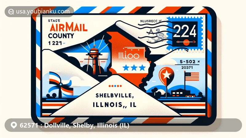 Modern illustration of Dollville, Shelby County, Illinois, featuring postal theme with ZIP code 62571, incorporating Illinois flag and creative stamp, with a postmark showing date '2024'.