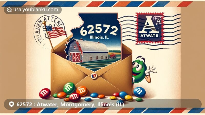 Modern illustration of Atwater, Illinois, showcasing postal theme with ZIP code 62572, featuring state flag and airmail envelope with rural charm elements.