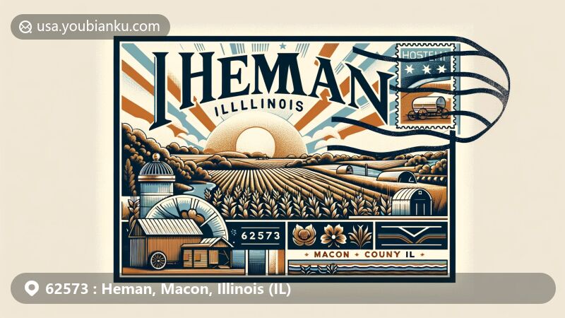 Modern illustration of Heman, Macon County, Illinois, featuring vintage postal theme with '62573 Heman, IL' postmark, Illinois State Flag, Macon County outline, and classic American mailbox or mail delivery vehicle.