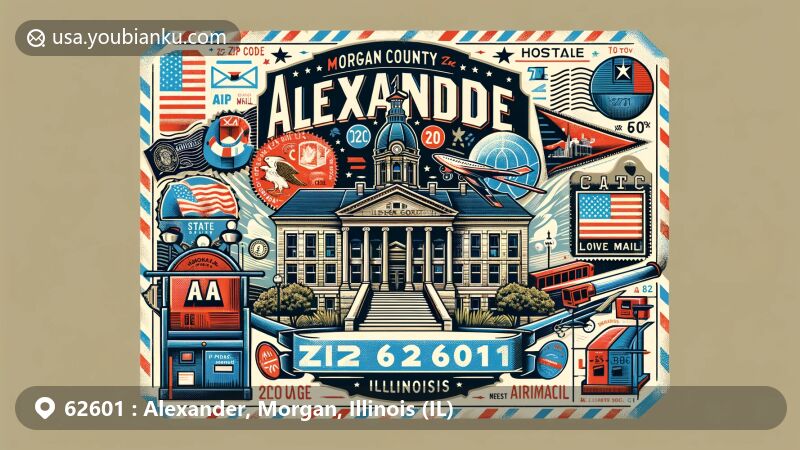 Modern illustration of Alexander, Morgan County, Illinois, featuring ZIP code 62601, showcasing Morgan County Courthouse and Illinois state symbols.
