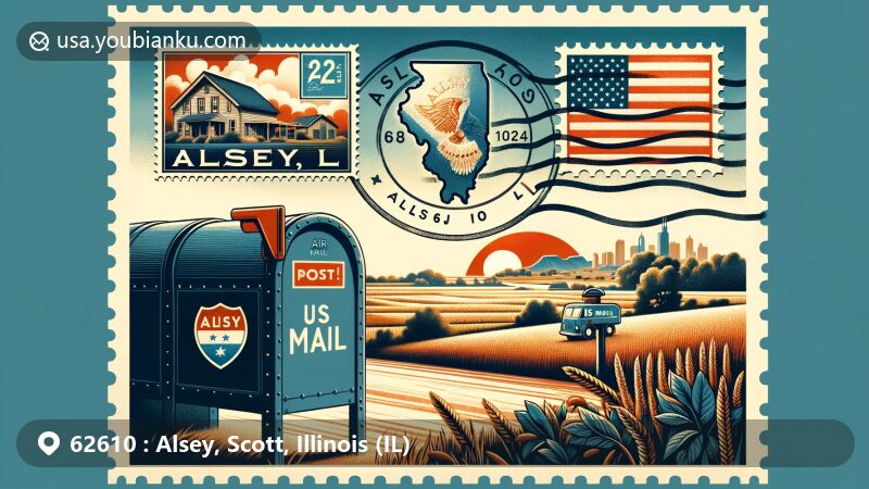 Modern illustration of Alsey, IL area, featuring air mail envelope with ZIP code 62610 and Illinois state flag, showcasing Alsey village outline, postmark, countryside landscapes, American blue mailbox, and mail truck with US Mail.