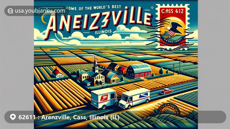 Modern illustration of Arenzville, Cass County, Illinois, highlighting village's nickname 'Home of the World's Best Burgoo' and flat agricultural landscape, designed in vibrant style with vintage postcard format.