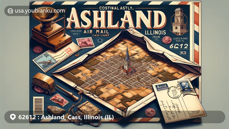 Classic illustration of Ashland, Illinois, showcasing vintage airmail envelope with ZIP code 62612, featuring detailed map of Ashland in Cass County, highlighting local landmarks, such as churches and parks, with nostalgic postal elements like stamps and historic symbols.