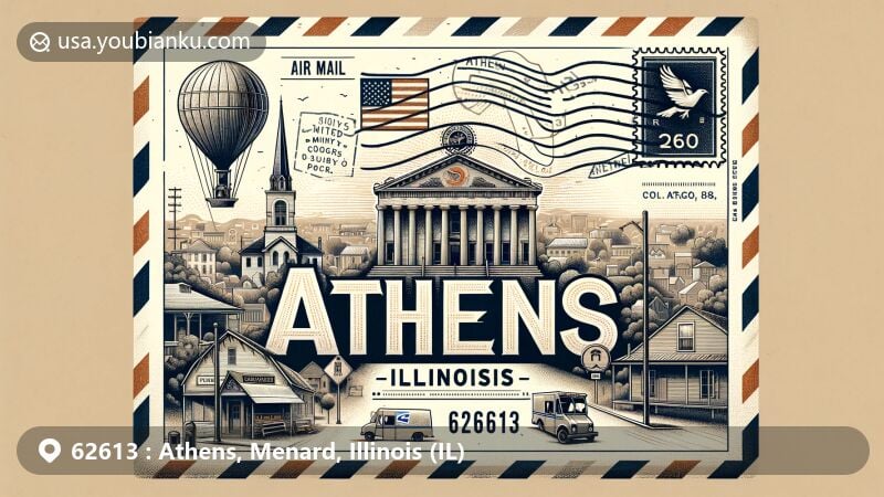 Creative illustration of Athens, Illinois, with ZIP code 62613 on an air mail envelope, featuring local landmarks like the Col. Matthew Rogers Building and postal symbols, blending historical and modern elements.