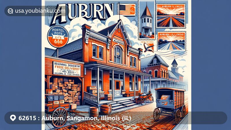 Modern illustration of Auburn, IL, showcasing brick-paved segment of original Route 66, emphasizing city's historical link, and symbolizing Rural Free Delivery initiation in Illinois with old-fashioned postal elements, vibrant colors, postcard layout, '62615' postmark, and Illinois state flag.