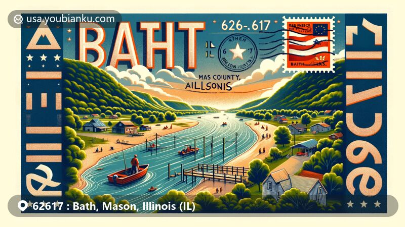 Modern illustration of Bath, Mason County, Illinois, capturing the charm of ZIP code 62617 with a scenic view of the Illinois River valley, highlighting the Redneck Fishing Tournament and vintage postcard design.