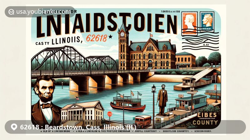 Modern illustration of Beardstown, Cass County, Illinois, showcasing postal theme with ZIP code 62618, featuring Beardstown Bridge and historical landmarks such as Old Lincoln Courtroom & Museum.