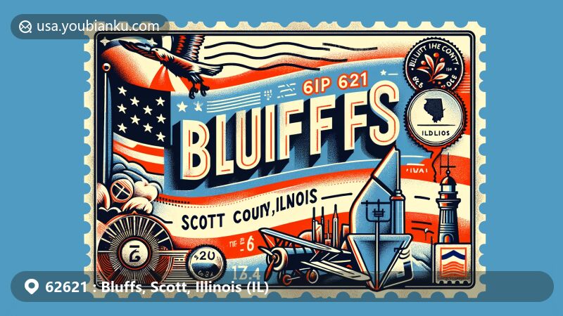 Modern illustration of Bluffs, Scott County, Illinois, featuring ZIP code 62621, showcasing state symbols and postal theme with vintage air mail envelope and postage stamp.