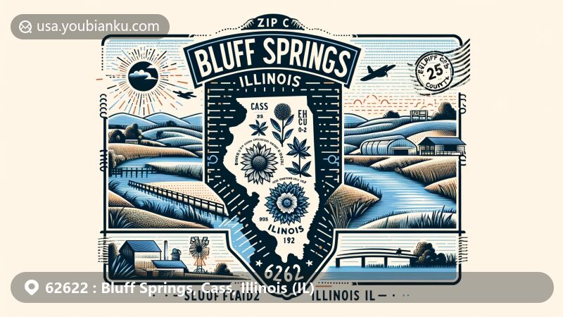 Modern illustration of Bluff Springs, Illinois, showcasing picturesque rural scenery with rolling hills and charming farmhouses.