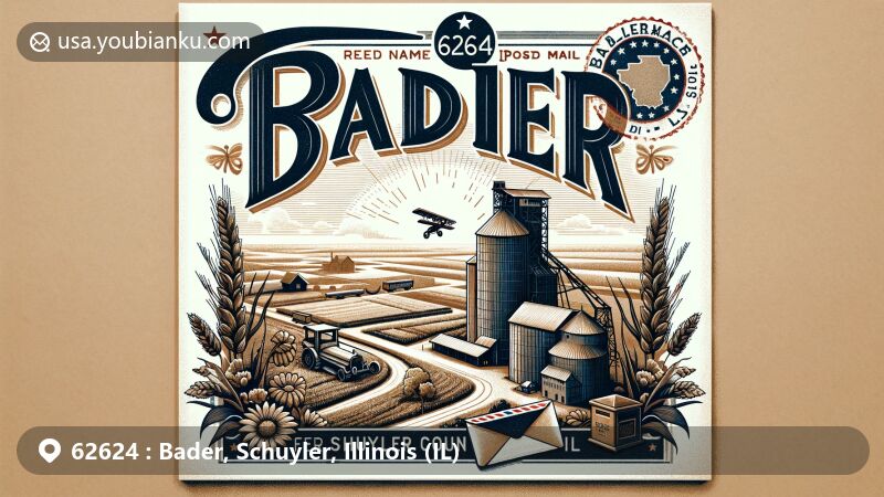 Modern illustration of Bader, Illinois, showcasing postal and regional elements on a vintage air mail envelope, featuring ZIP code 62624, Bader's history with a grain elevator, Schuyler County's natural beauty, and iconic postal symbols.