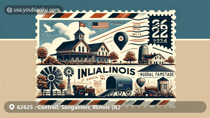 Vintage-style illustration of Cantrall village, Sangamon County, Illinois, with ZIP code 62625, showcasing historic Power Farmstead farm and Abraham Lincoln connection, symbolizing 19th-century farm life.