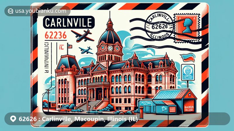 Modern illustration of Carlinville, Illinois, featuring a transformed airmail envelope into a postcard with postmarks and stamps, showcasing Macoupin County Courthouse and Blackburn College.