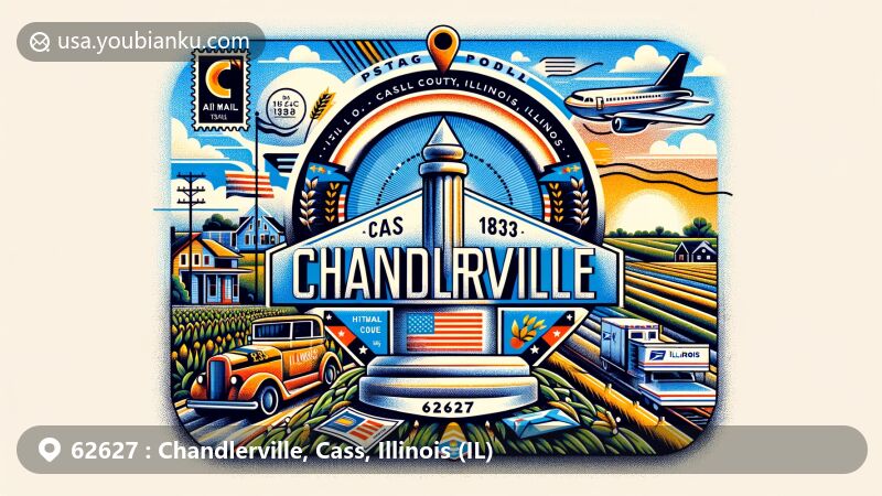 Modern illustration of Chandlerville, showcasing a quaint small town atmosphere with postal theme featuring ZIP code 62627.