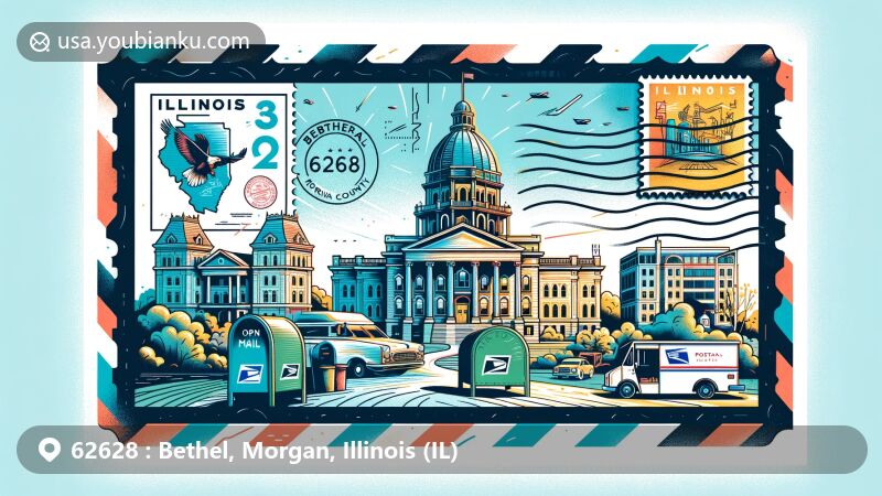 Modern illustration of Bethel, Morgan County, Illinois, showcasing postal theme with ZIP code 62628, featuring Old State Capitol and Principia College Historic District.