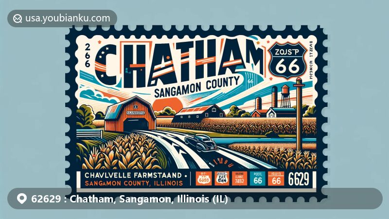 Modern illustration of Chatham, Sangamon County, Illinois, with ZIP code 62629, featuring Caldwell Farmstead, Sugar Creek Covered Bridge, cornfields, Route 66 motifs, and postal elements.