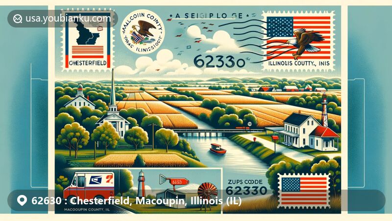 Modern illustration of Chesterfield, Illinois, blending postal and regional characteristics in a creative style.
