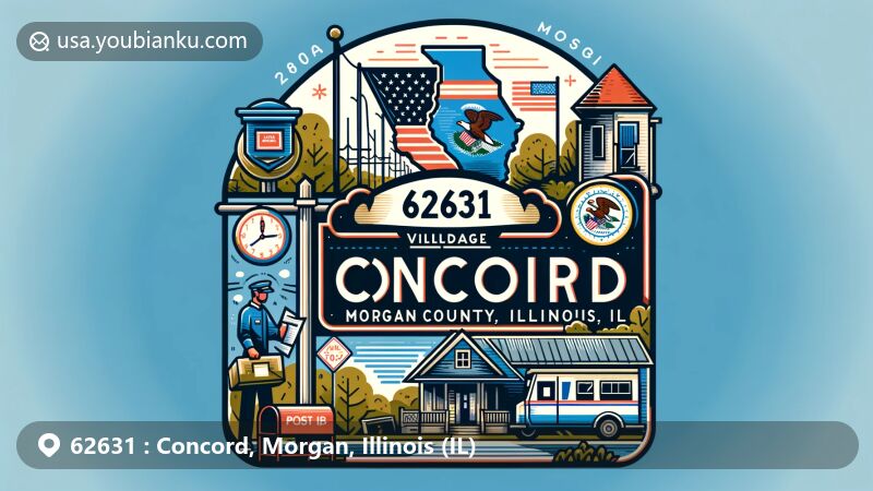 Charming illustration of Concord, Morgan County, Illinois, capturing village sign, map outline within Morgan County, IL state flag, post office scene with mailbox and postal worker, and scenic spot.