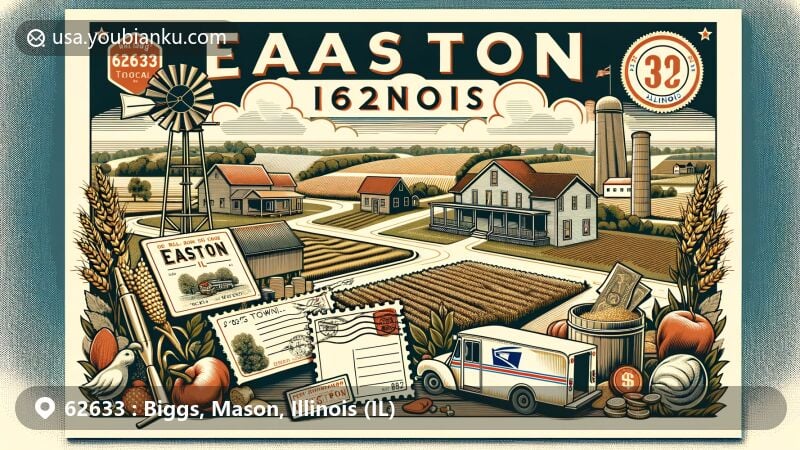 Vintage-style postcard illustration of Easton, Illinois, celebrating ZIP code 62633 with iconic landmarks, rural landscape, and postal elements, capturing the small-town charm.