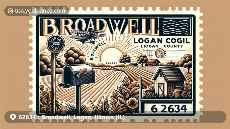 Vintage postcard illustration of Broadwell, Logan, Illinois (IL) with ZIP code 62634, featuring stamp, mailbox, and Logan County outline, showcasing rural landscape with fields and trees.