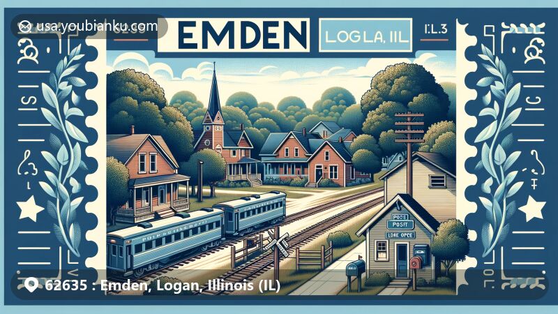 Scenic illustration of Emden, Logan, Illinois (IL), capturing small-town charm with houses, trees, railroad, post office with mailbox, and prominent ZIP Code 62635 under clear blue sky.