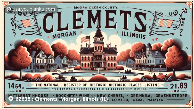 Modern illustration of Clements, Morgan County, Illinois, with National Register of Historic Places listings amidst towns of Roodhouse, Winchester, New Berlin, Waverly, Greenfield, Loami, and Palmyra.