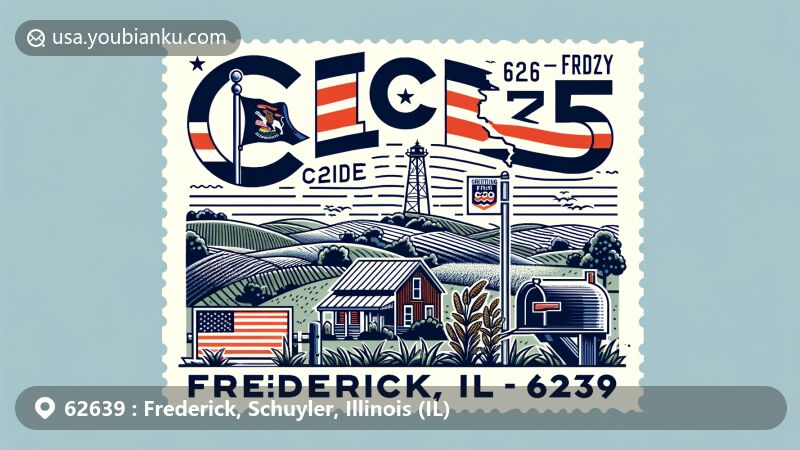 Modern illustration of Frederick, Schuyler, Illinois, showcasing postal theme with ZIP code 62639, featuring Illinois state flag, Schuyler County map outline, rural landscape, mailbox, and postcard with 'Greetings from Frederick, IL - 62639' text.